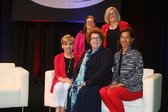 Five of the six all-time CoSIDA female officers, pictured at the 2019 Convention in Orlando: Seated, l to r: Tammy Boclair, formerly of Vanderbilt and second CoSIDA female president in 2003-04); Shelly Poe (Auburn Assistant AD/Communications), third female president in 2013-14; current CoSIDA 3rd Vice-President Jessica Poole (Chicago State's Senior Associate Athletic Director for External Operations and Revenue Generation); Willson (2015-16 president, fourth woman to serve); and current 2nd Vice President Cindy Potter (Columbia (Mo.) College Associate Director of Athletics - Director of Media Relations and Compliance).